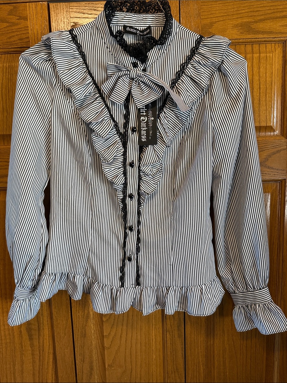 Victorian-Inspired Black & White Stripe Ruffle Button-Down Blouse- Medium